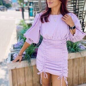Zara Farmers Daughter Mini Dress Size M Purple Ruched Front Gingham Puff Sleeve